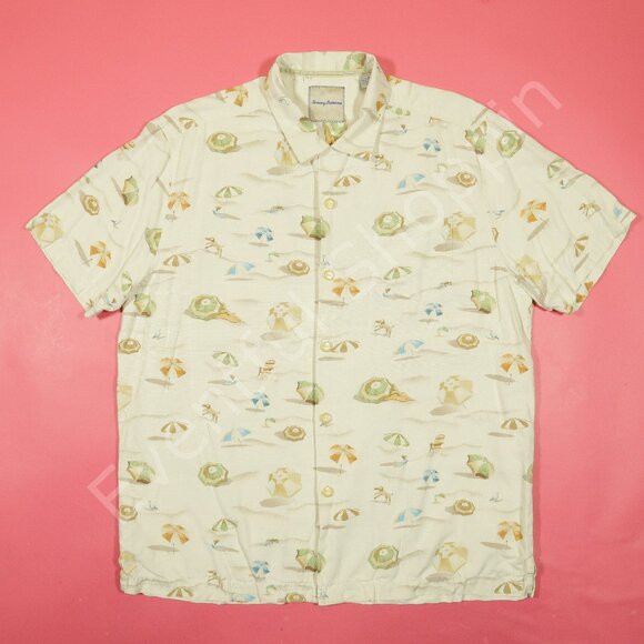 Tommy Bahama Beach Print Short Sleeve Silk Camp Shirt in Cream Size Large - Picture 2 of 5